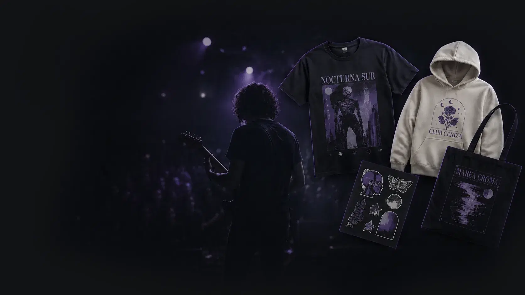 Artist performing live next to their official merchandise