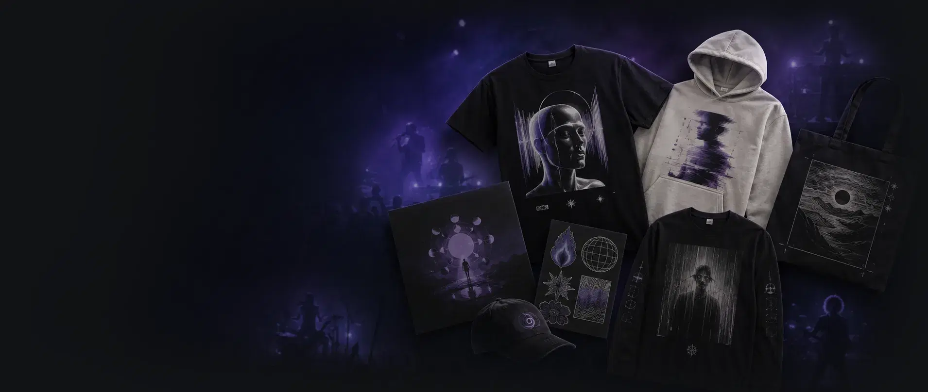 Merchandise from several artists on a label